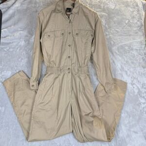 Lizsport Khaki Utility Jumpsuit Button Front Elastic Waist Long Sleeve size s